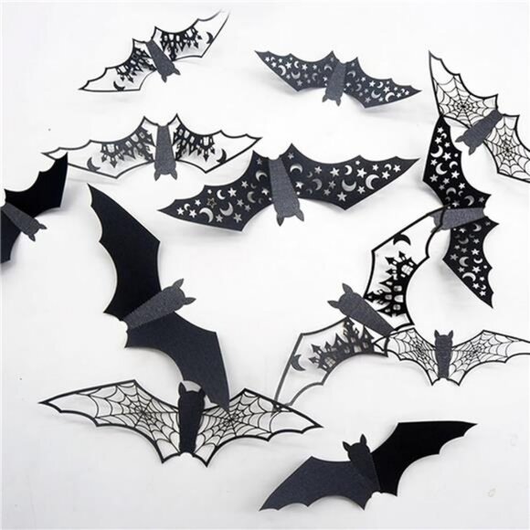 24Pcs Large Halloween Bats Decorations - 3D Self-Adhesive PVC Scary Wall Decor - Picture 1 of 8